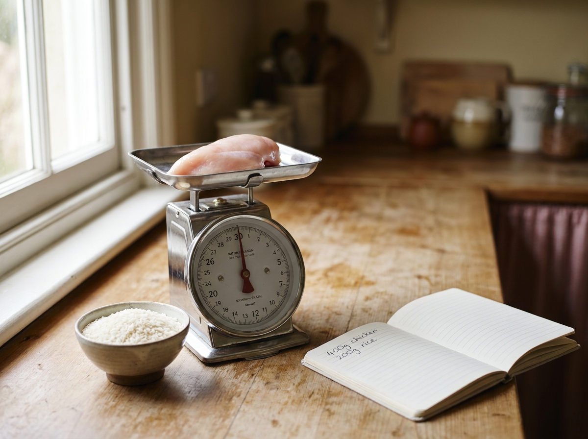 Kitchen scale weighing chicken breast next to a food journal
