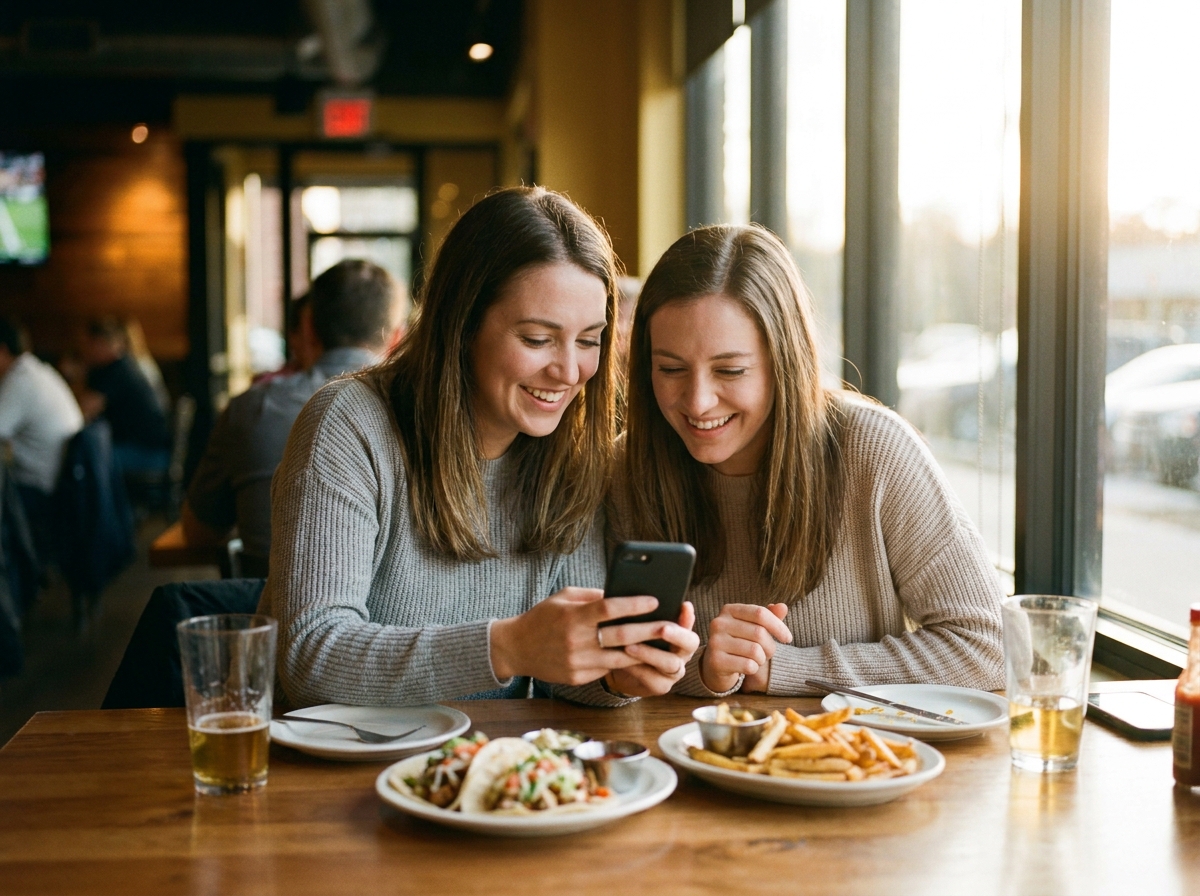 Two friends comparing apps on a phone over dinner
