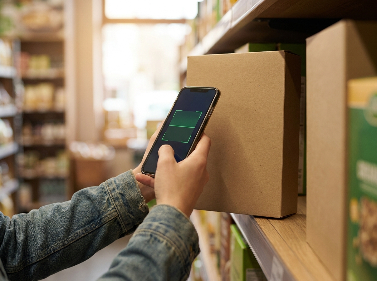 Scanning a barcode on a box with a smartphone in a supermarket