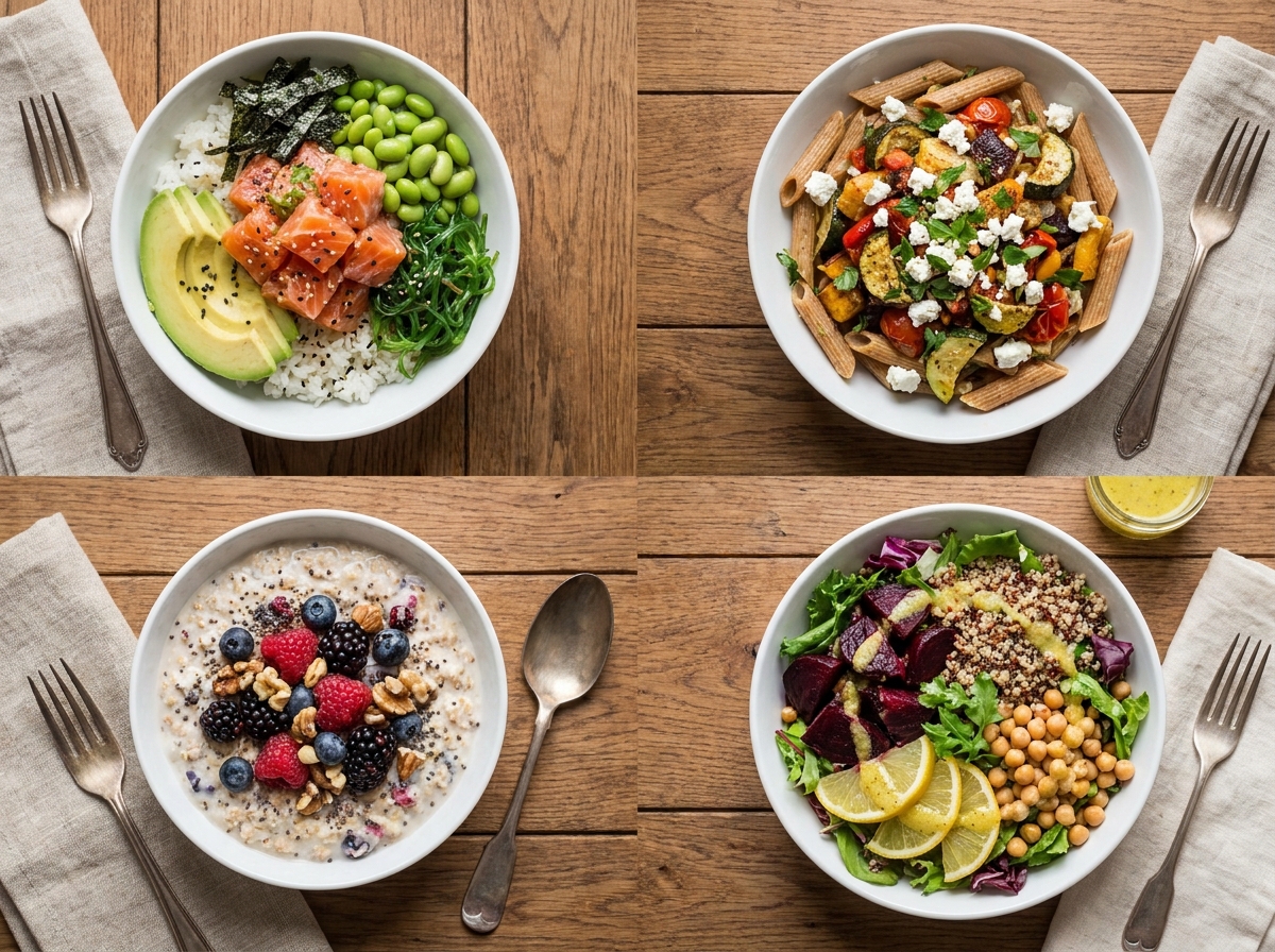 Four healthy meals in bowls on a wooden table