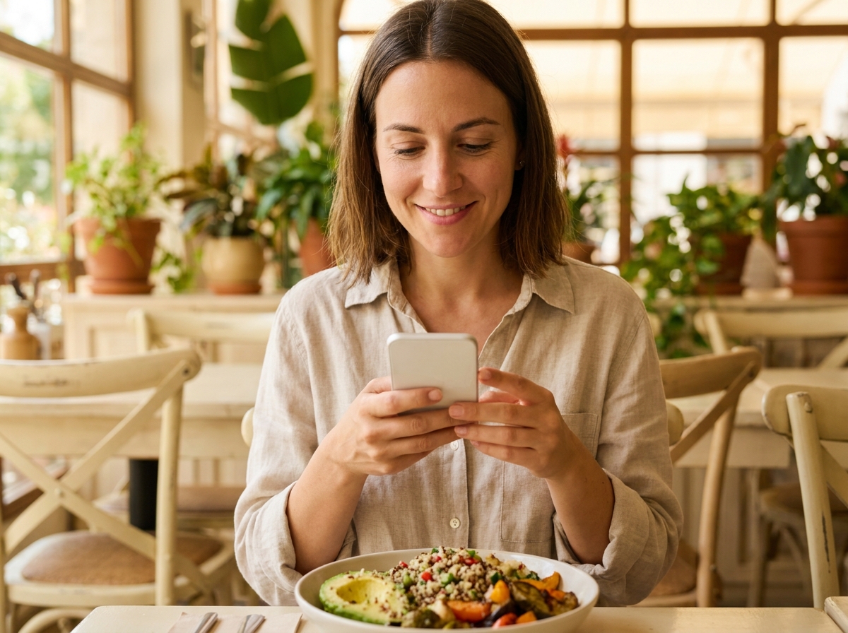 A woman photographing her meal with the Cal AI app