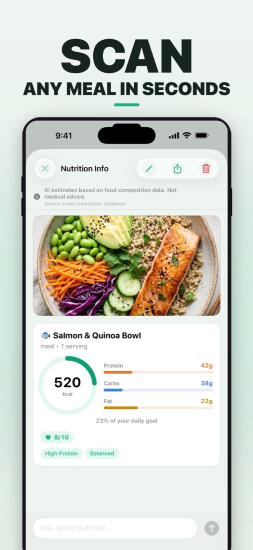 Cal AI: Calorie Scanner nutrition results for a scanned salmon and quinoa bowl — 520 kcal with protein, carb and fat bars, a health score and follow-up nutrition chat