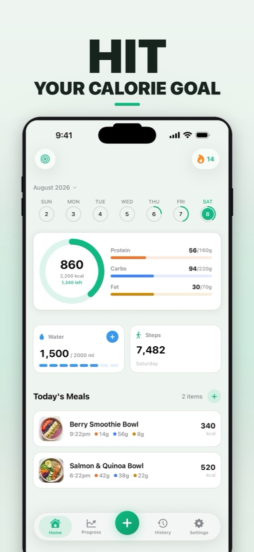 Cal AI: Calorie Scanner home screen with weekly calendar, 860 of 2,200 kcal ring, macro bars, water and steps tiles and today's logged meals