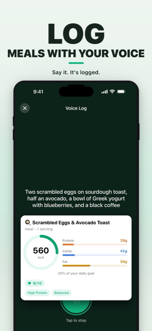 Cal AI: Calorie Scanner voice logging screen transcribing a spoken breakfast and returning a 560 kcal meal card