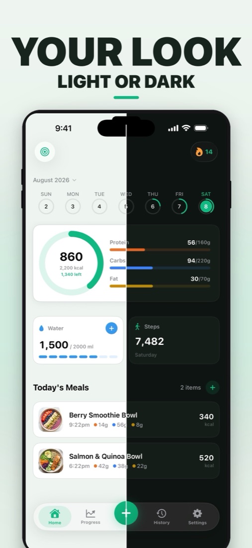 Cal AI: Calorie Scanner home screen shown half in light mode and half in dark mode
